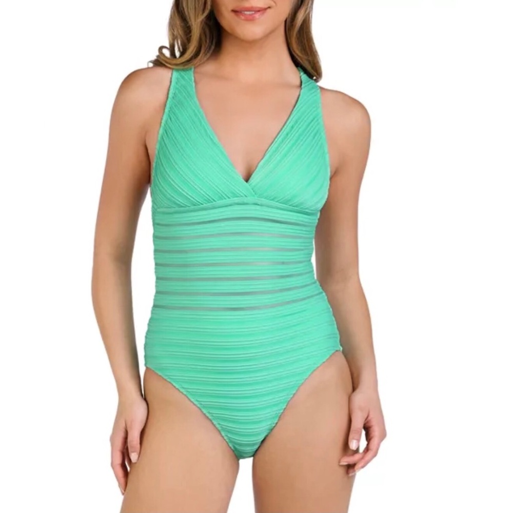 La Blanca Fluid Line Multi Strap Cross Back One Piece Swimsuit Illusion Size 4